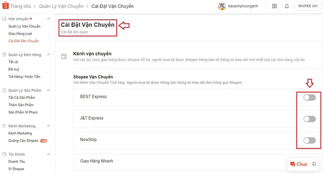 Đăng nhập hình thức vận chuyển